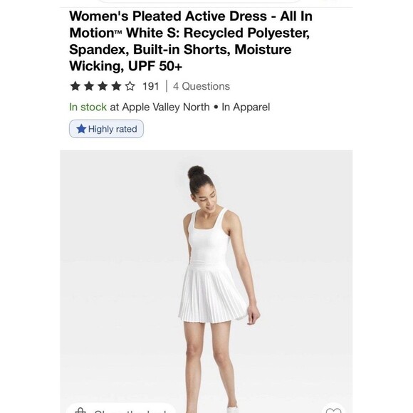 All In Motion Women's Athletic Dress with pleats, Built in Shorts, white, sz SM - Picture 1 of 11